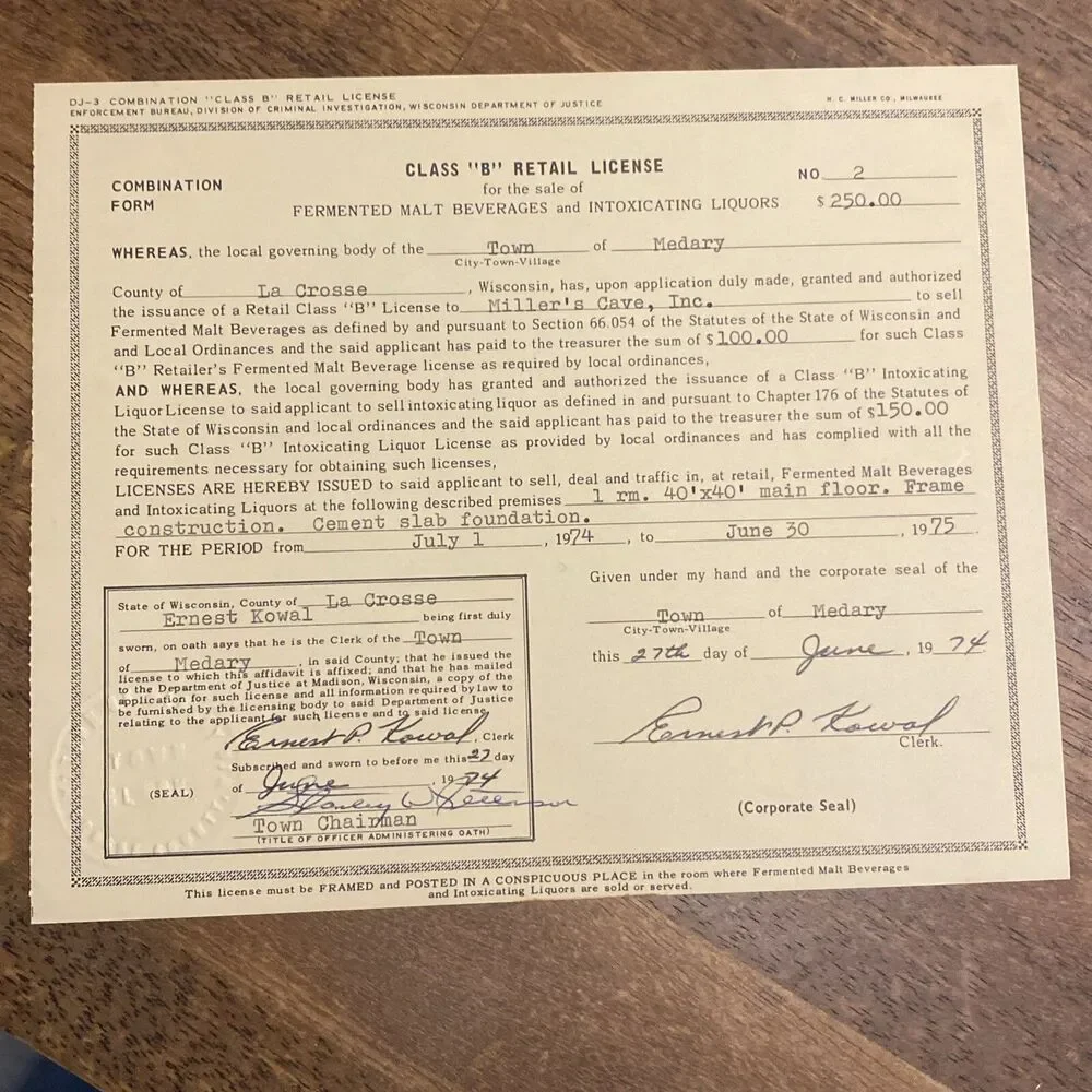 Vintage 1974 Millers Cave La Crosse WI Liquor & Tobacco License Store Permit HTF